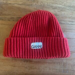 Ganni Red Ribbed Beanie